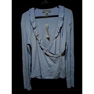 Jones Wear Jeans Blue Long Sleeve Ruffle Trim V neck Cotton Shirt Size Large